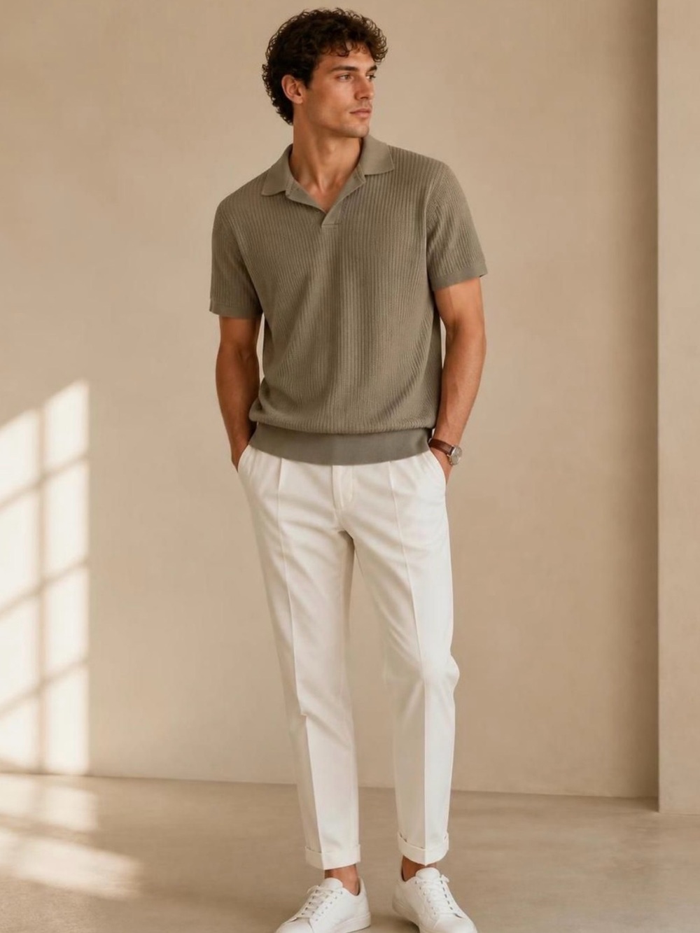 Zara Men's Short-Sleeve Knit Polo in Olive Green